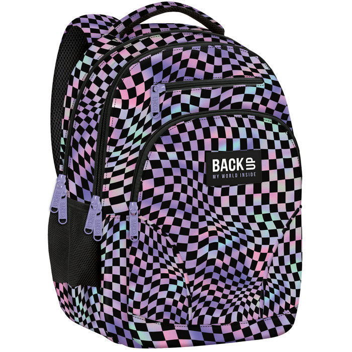 MOCHILA DOBLE ESCOLAR BACK UP CUADROS MORADOS Y ROSAS | DERFORM Imagen principal del producto