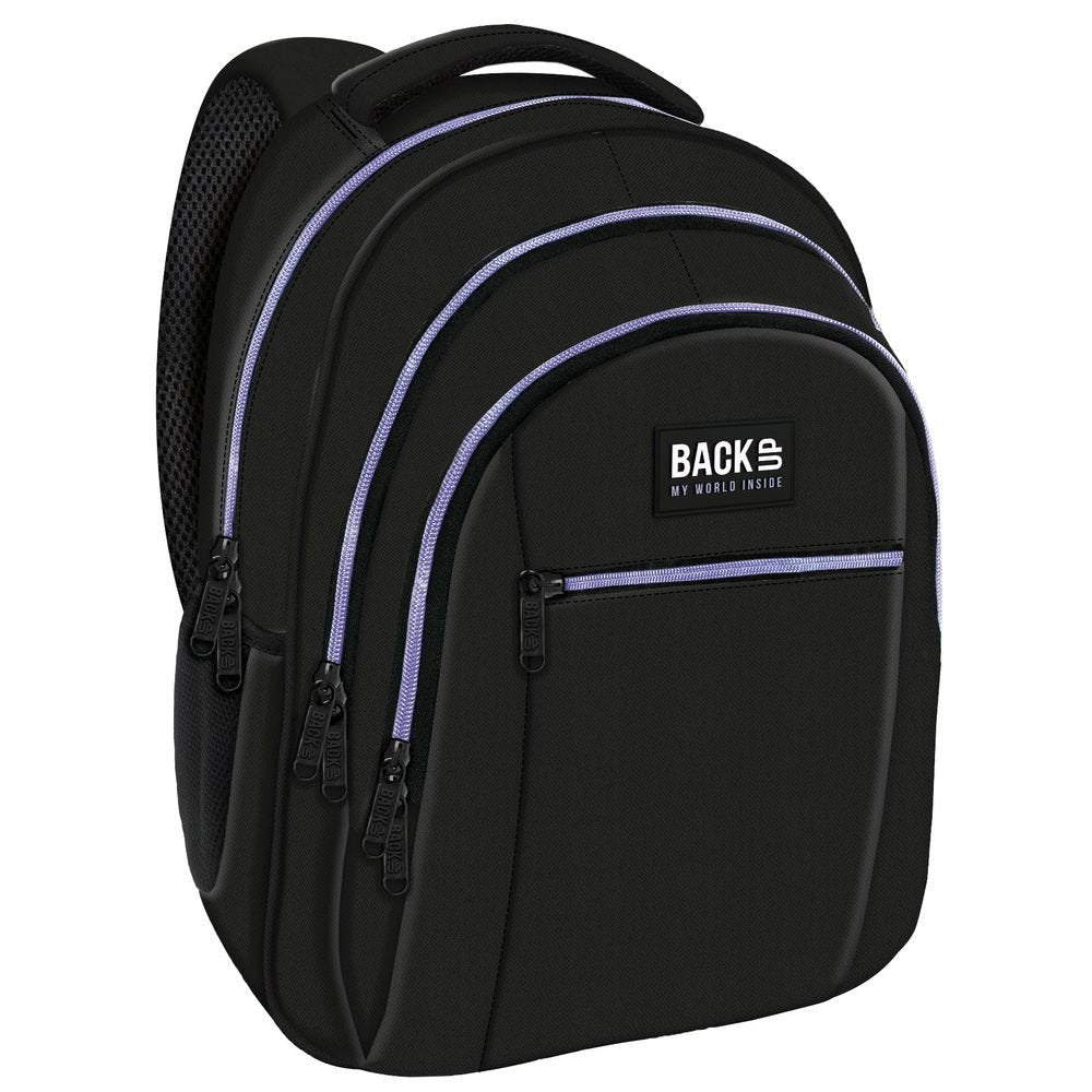Mochila escolar triple negra con cremalleras lilas DERFORM
