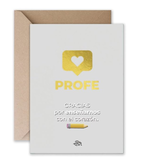 Tarjeta A5 con Stamping en Dorado Profe Gracias por Marca The Great Moustache
