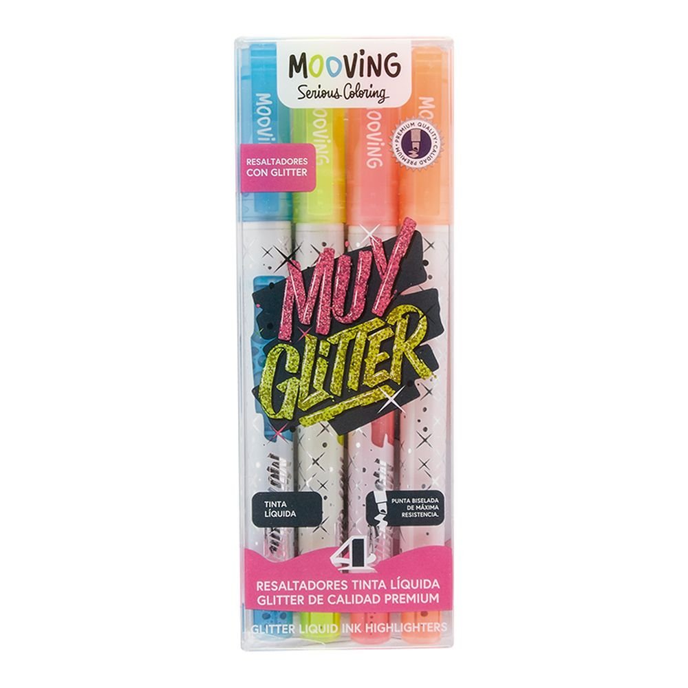 Set de 4 Marcadores Tinta Líquida Glitter Punta Biselada MOOVING PAPER