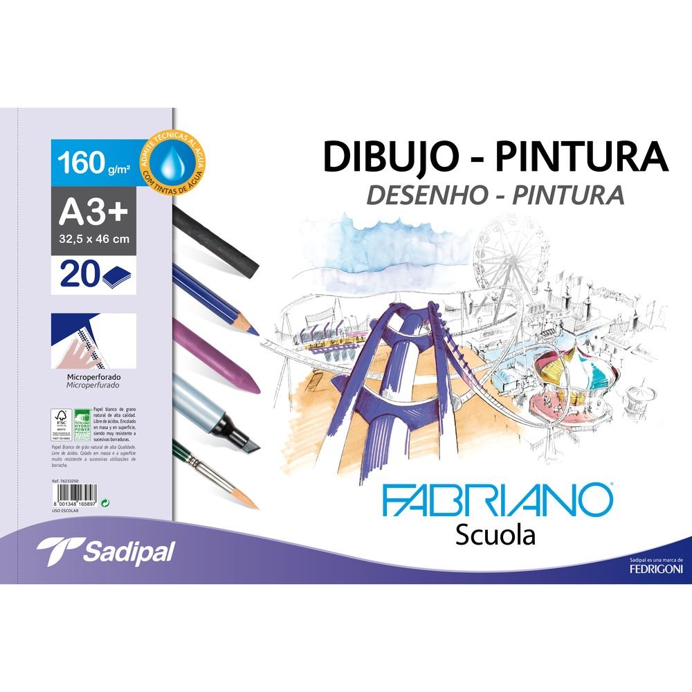 Bloc dibujo espiral tempera-acuarela a3+ 20h 160g. microperforado fabriano