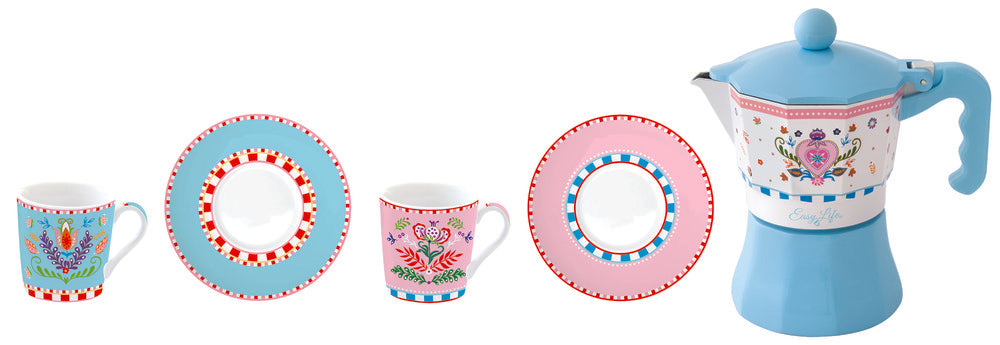 Set 2 Tazas 100 ml y Cafetera Spring Folk Caja Regalo Easy Life
