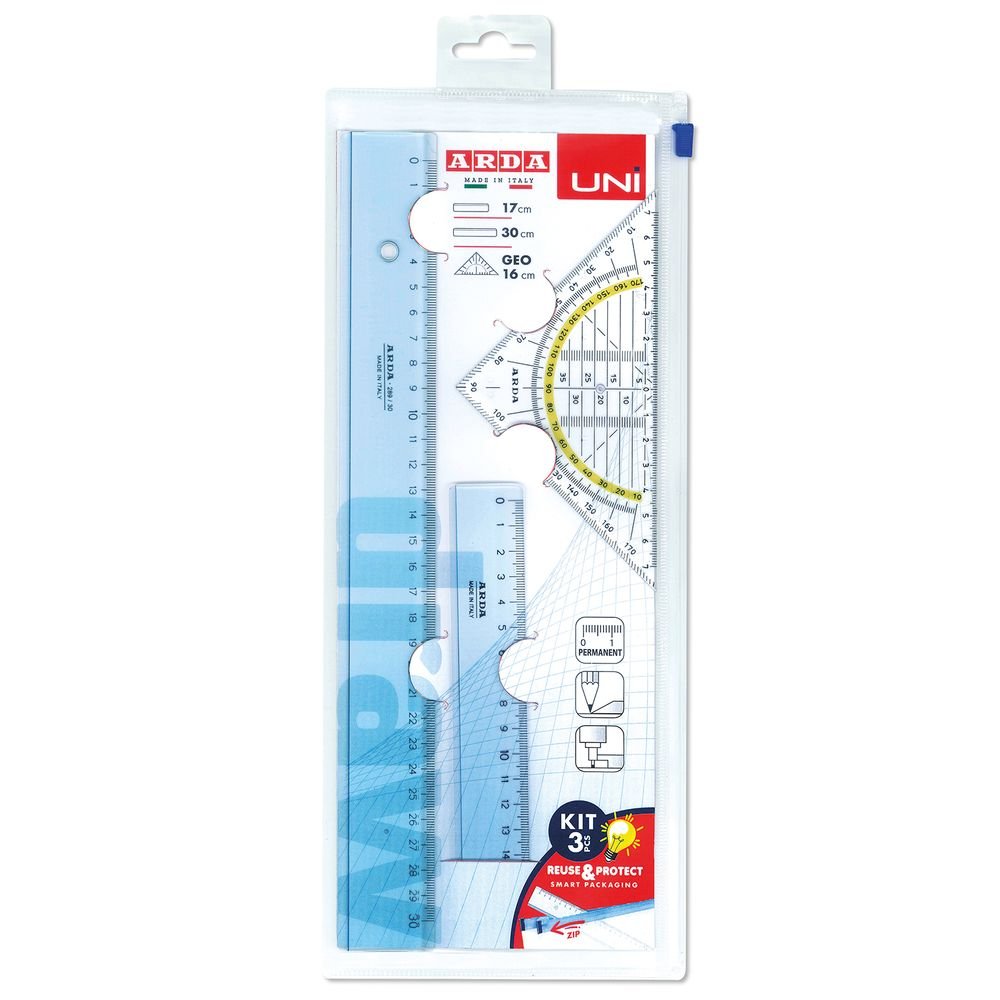Set Dibujo 3 Piezas Uni Regla 17 y 30 cm + Semicirculo Geo ARDA