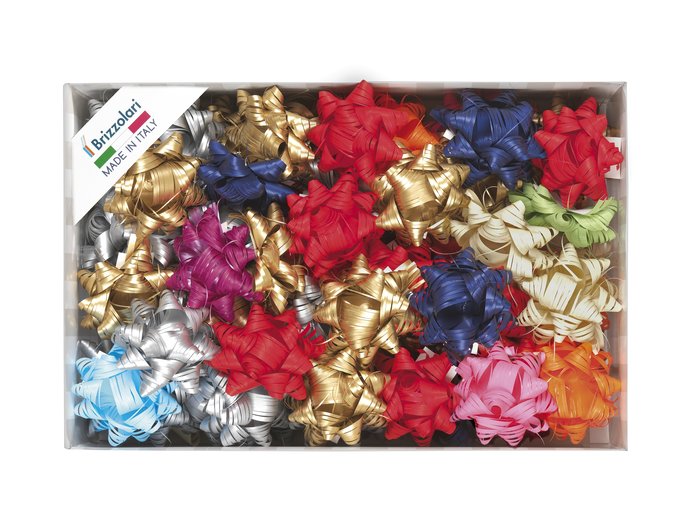 CAJA 100 COCAS ESTRELLA ADHESIVA RAFIA 19MM SURTIDAS | BRIZZOLARI | 1 UNIDAD | 8004451032025
