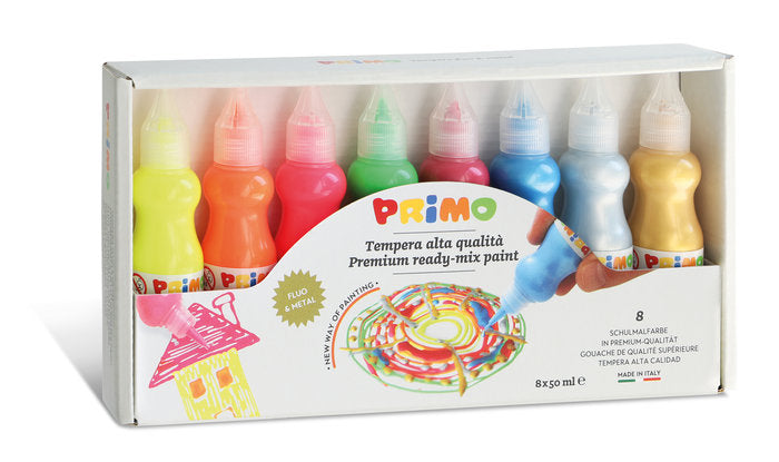 TEMPERA PREMEZCLADA 50 ML 4 FLUO + 4 METALICAS | 1 UNIDADES | (PRIMO)