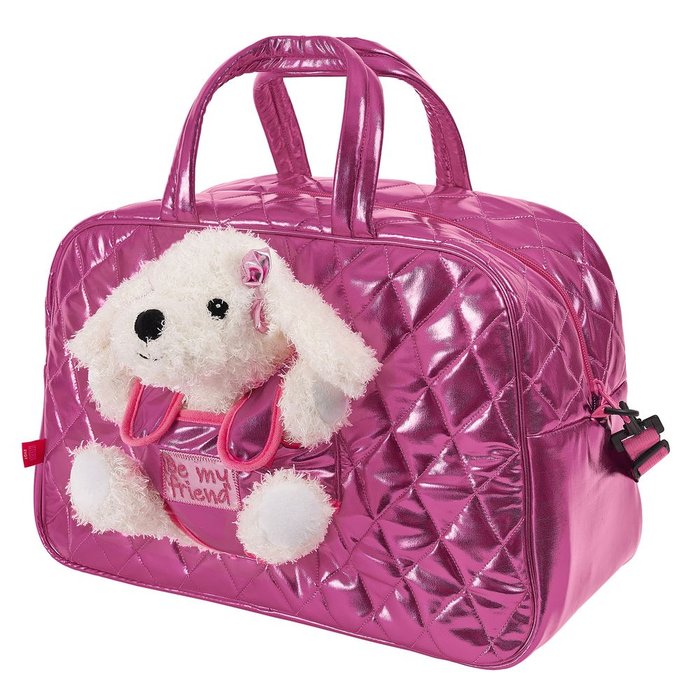 BOLSO ROSA CON PELUCHE PERRO BLANCO CON LAZO | PERLETTI TOYS | 1 UNIDAD | 8015831130828