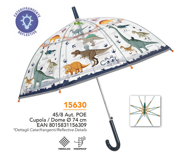 PARAGUAS INFANTIL 45/8 AUT TRANSPARENTE CUPULA DINOSAURIOS | PERLETTI | 1 UNIDAD | 8015831156309