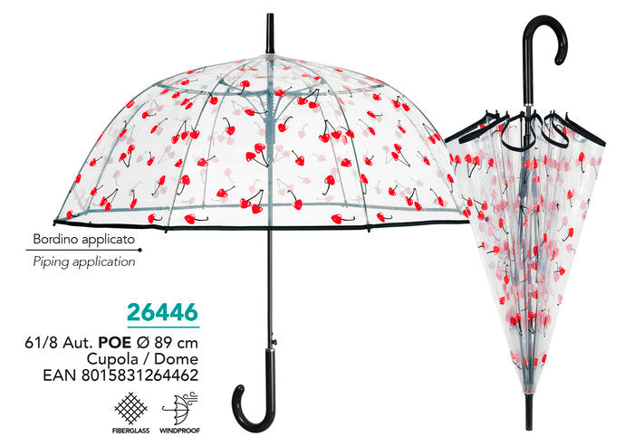 PARAGUAS MUJER 61/8 AUT, POE TRANSPARENTE CON CEREZAS | PERLETTI | 1 UNIDAD | 8015831264462