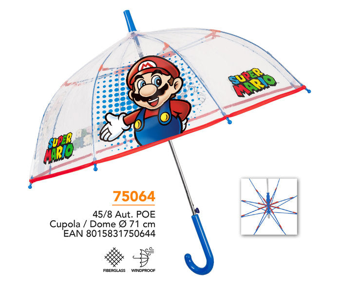 PARAGUAS INFANTIL 45/8 AUT TRANSPARENTE CUPULA SUPER MARIO | PERLETTI | 1 UNIDAD | 8015831750644 Imagen principal del producto