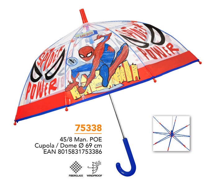 PARAGUAS INFANTIL 45/8 MAN, POE TRANSPARENTE SPIDERMAN | PERLETTI | 1 UNIDAD | 8015831753386
