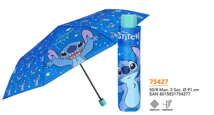 PARAGUAS INFANTIL MINI PLEGABLE 50/8 MAN, 3 SECT, LILO & STI | PERLETTI | 1 UNIDAD | 8015831754277