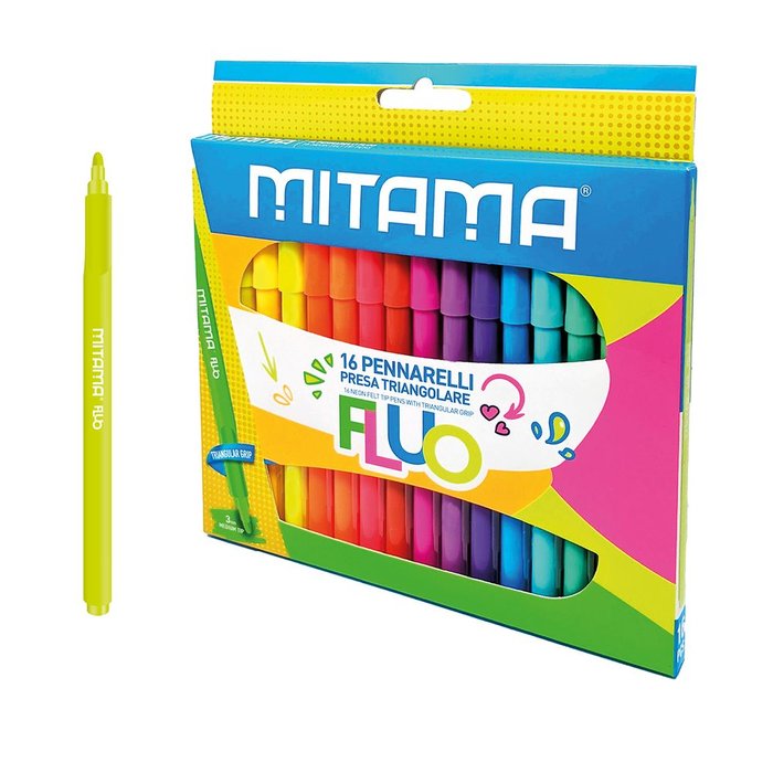 Set 16 Rotuladores Fluo Con Empuñadura Triangular | Mitama Papeleria Basica | Pack 1 Unidades
