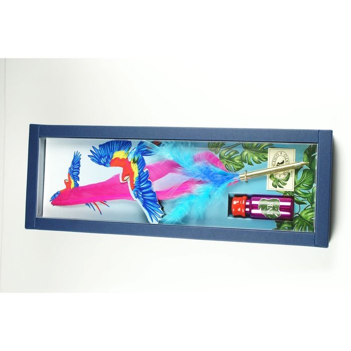 Set Pluma Madera Decorada Punta Metal y Tinta 10 cc Loros Ro