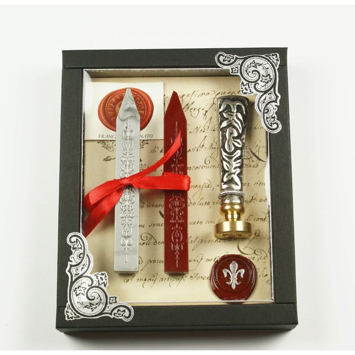 Set Lacre Sello Flor de Lys y Barra Plata y Roja Rubinato