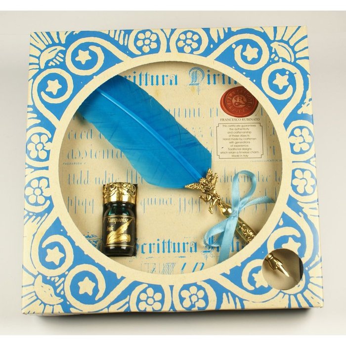 Set Pluma Angel Niquel Turquesa y Tinta Caja Decorada Rubinato Imagen principal del producto