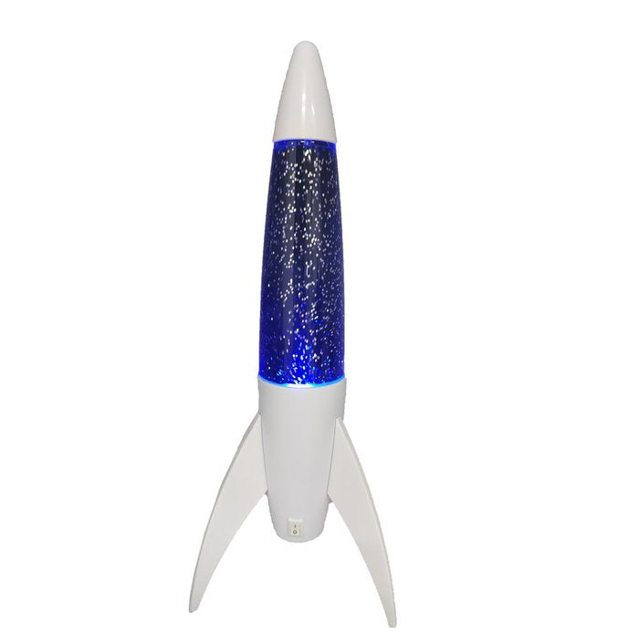 Lampara Glitter Forma de Cohete con Base Blanca y Luz Azul ITOTAL