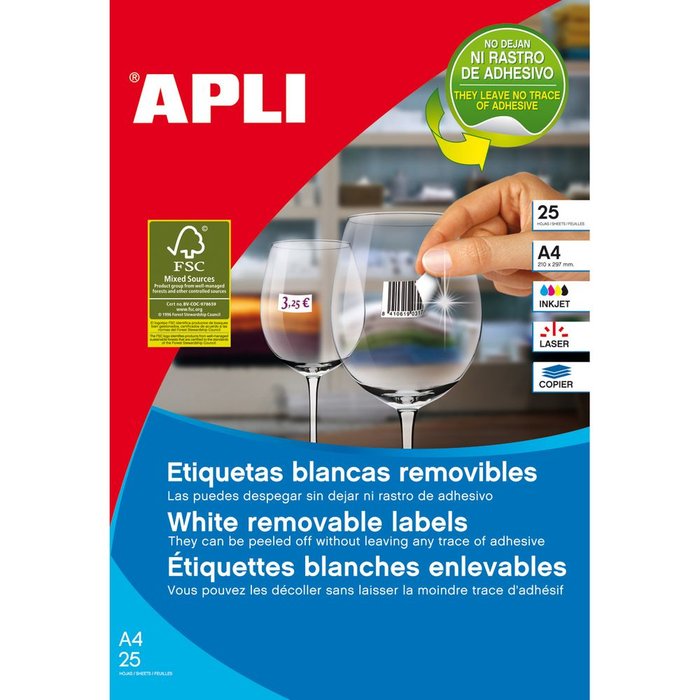 Etiquetas blancas removibles 35,6 x 16,9 mm APLI pack 25 hojas