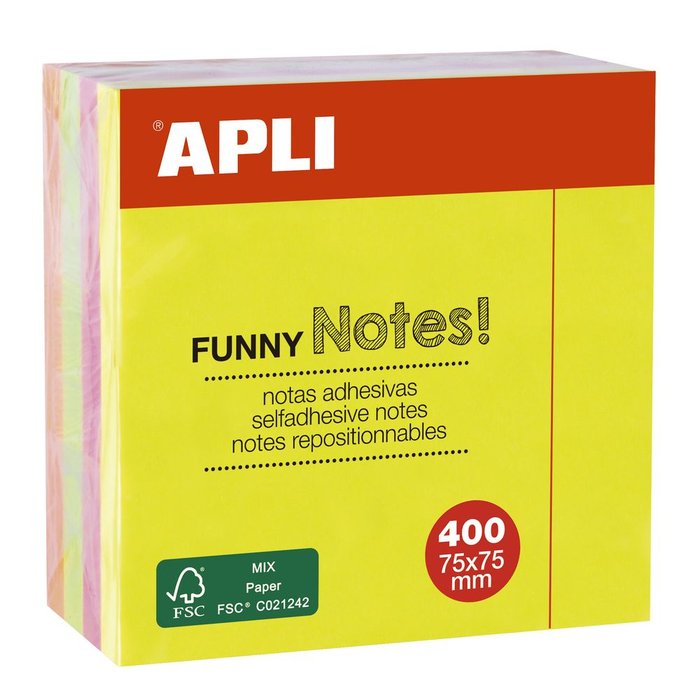 NOTAS ADHESIVAS FUNNY 75X75MM CUBO 400 HOJAS SURTIDAS FLUOR | 1 UNIDADES | (APLI) Imagen principal del producto