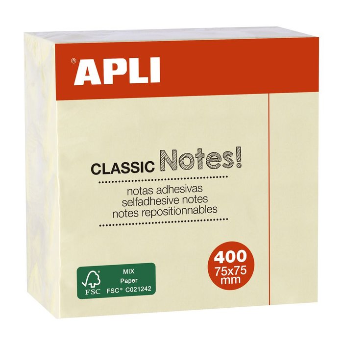 Notas Adhesivas Classic 75x75 mm Cubo 400 Hojas Amarillo APLI