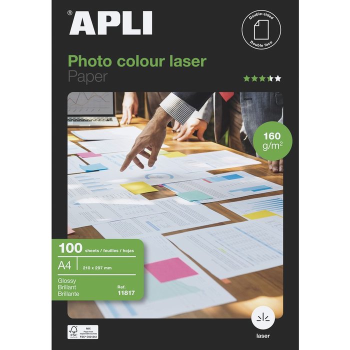 Papel fotográfico brillante Apli Colour Laser A4 160 g Pack 100 hojas
