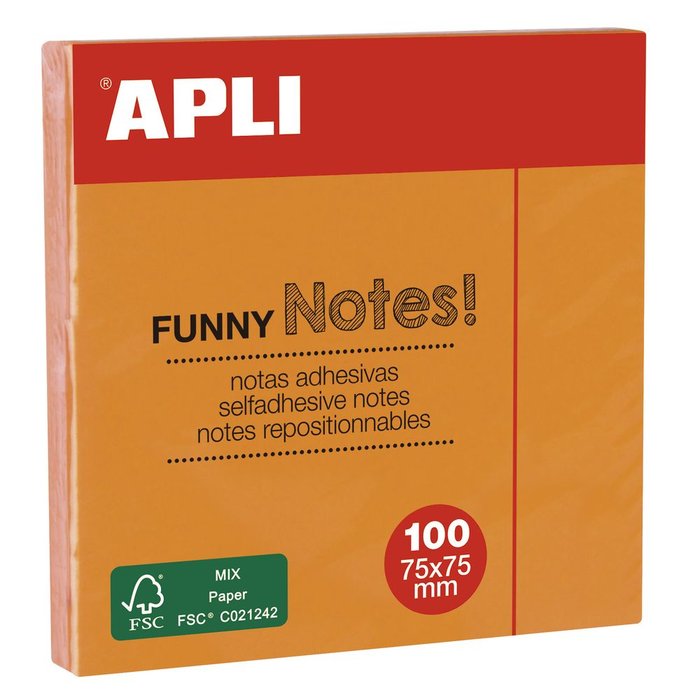 Bloc 100 notas adhesivas 75x75mm naranjas Apli Imagen principal del producto