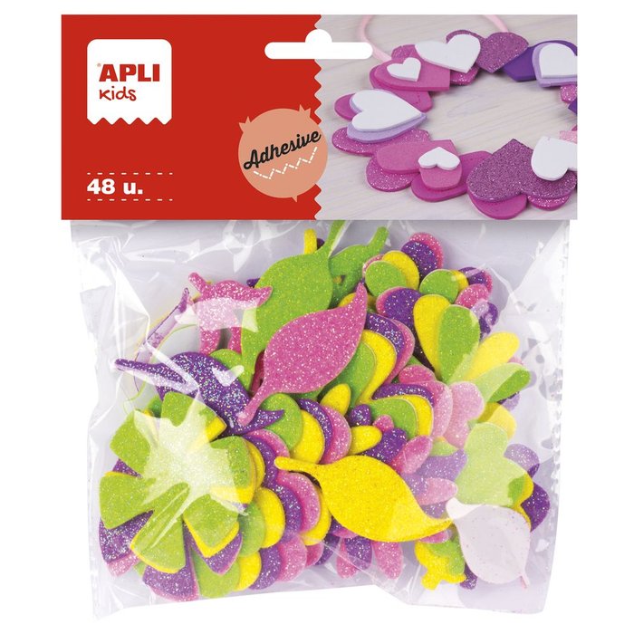 Bolsa 48 Flores de Goma Eva Adhesiva con Purpurina