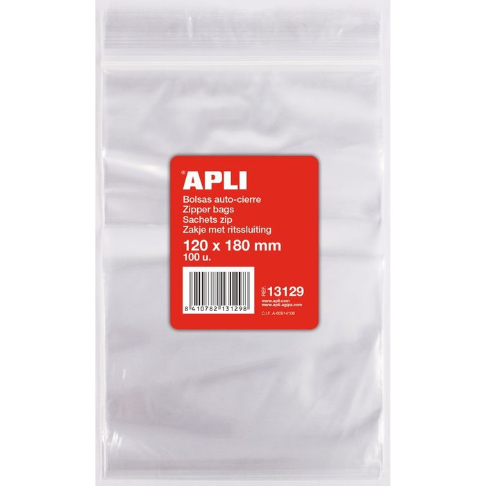 BOLSAS AUTOCIERRE 120 X 180 MM 100 UDS TRANSPARENTES | APLI | 1 UNIDAD | 8410782131298