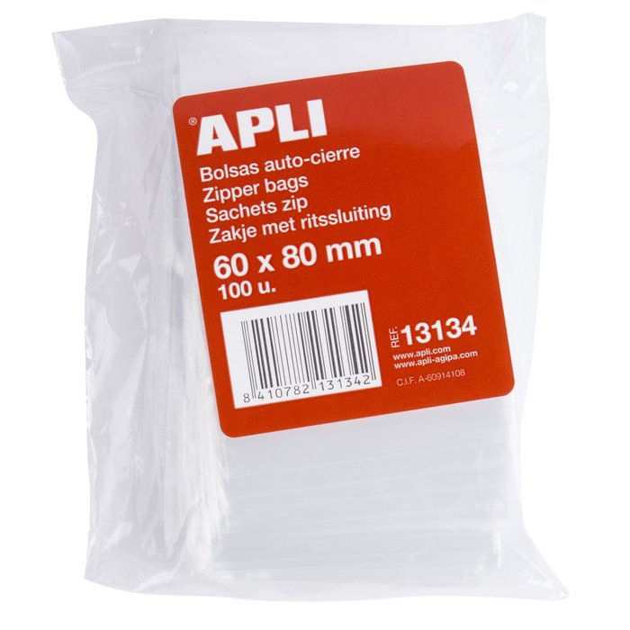 BOLSAS AUTOCIERRE 60 X 80 MM 100 UDS TRANSPARENTES | APLI | ENVASE 10 UDS. UNIDAD | 48410782131340 Imagen principal del producto