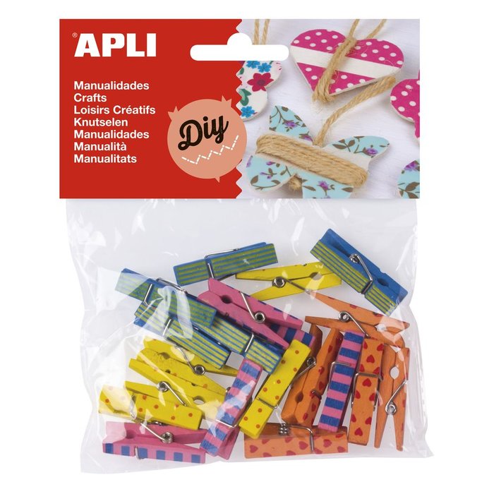 Bolsa 20 mini pinza madera decorada colores surtidos