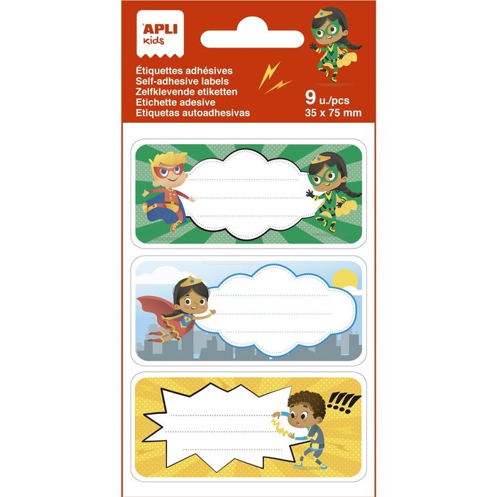 BOLSA 9 ETIQUETAS NOMBRES SUPER HEROES 81X36MM | APLI | ENVASE 5 UDS. UNIDAD | 8410782190196