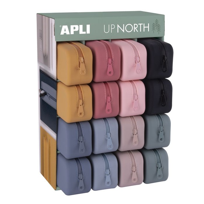 EXPOSITOR 16 ESTUCHES SILICONA UP NORTH SURTIDOS | APLI DISEÑO