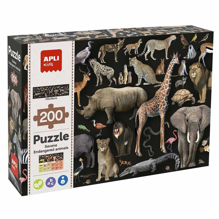 PUZLE INFANTIL ANIMALES AMENAZADOS SABANA 200 PIEZAS | APLI JUEGOS | 1 UNIDAD | 8410782196976