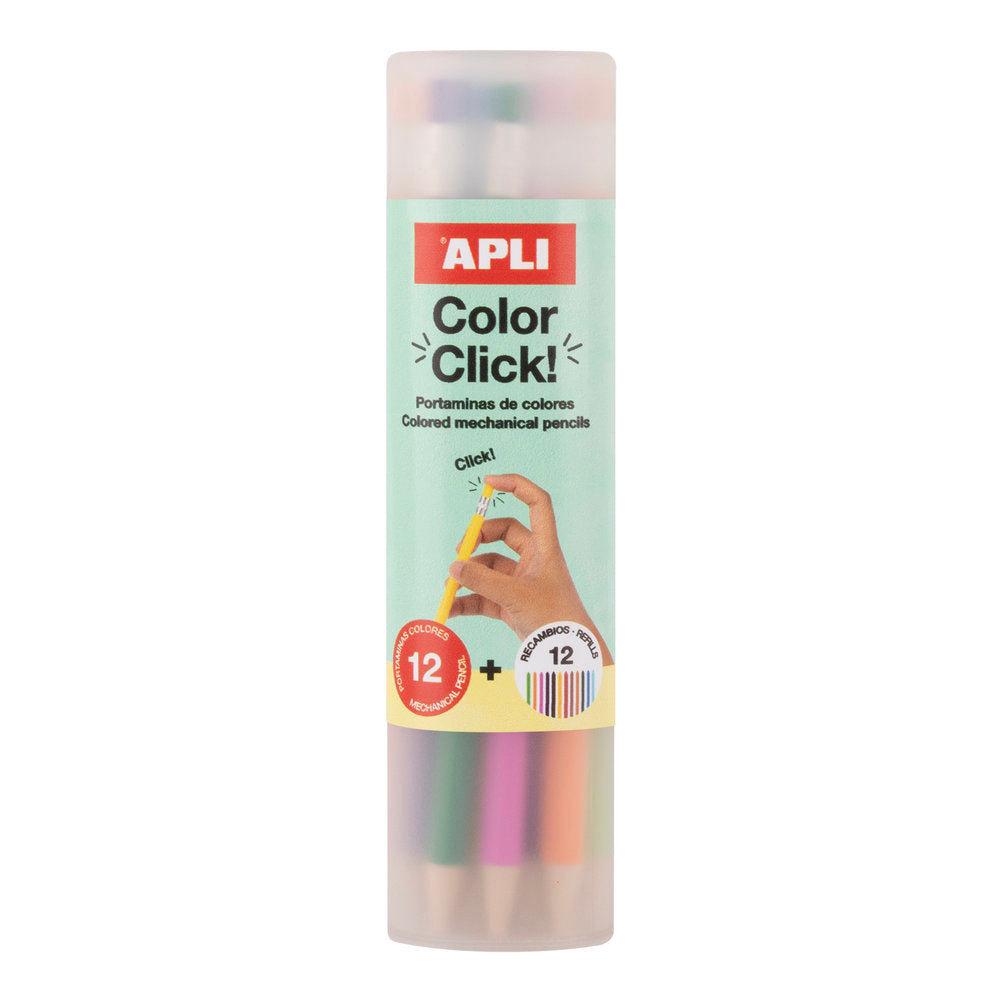 ESTUCHE 12 PORTAMINAS COLOR CLICK+SACAPUNTAS+RECAMBIO 2,6MM | APLI