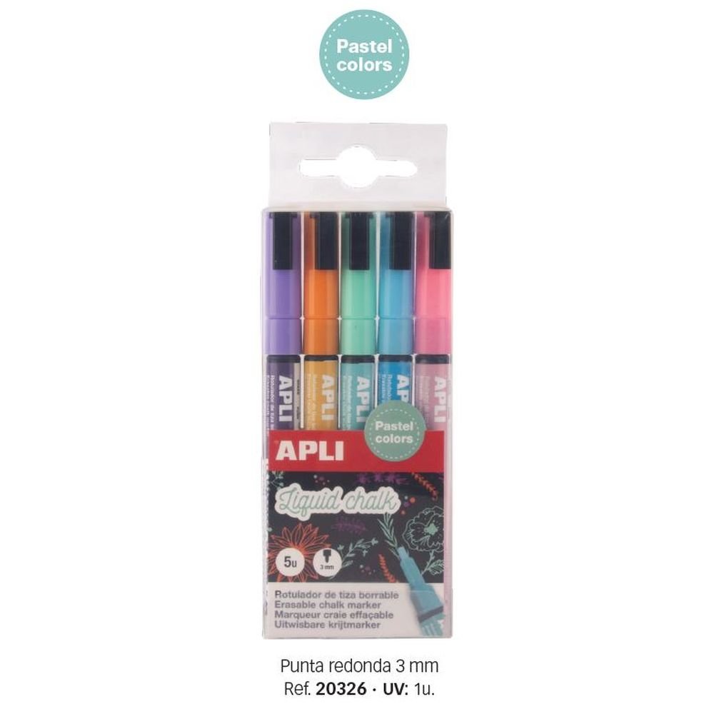 Caja de 5 rotuladores Liquid Chalk Punta redonda 3,5 mm Pastel APLI