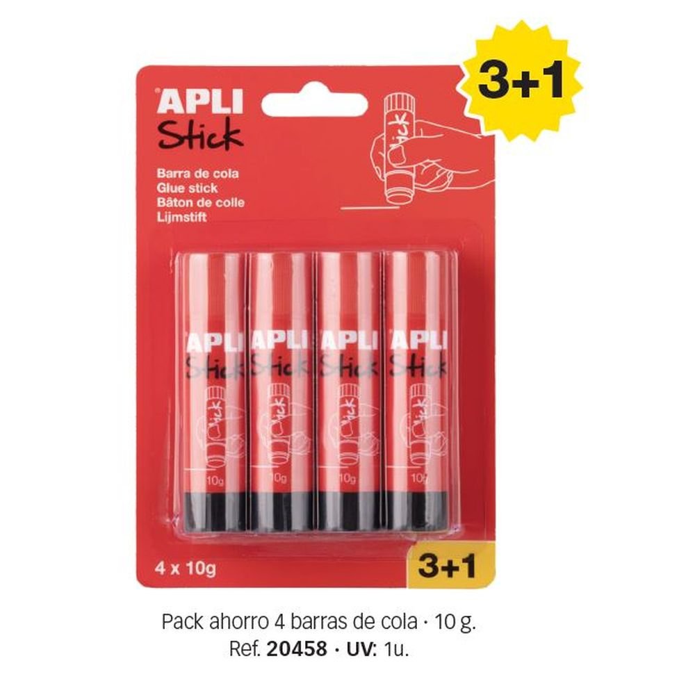 Pack 3+1 barras adhesivas 10 g APLI para uso escolar y oficina
