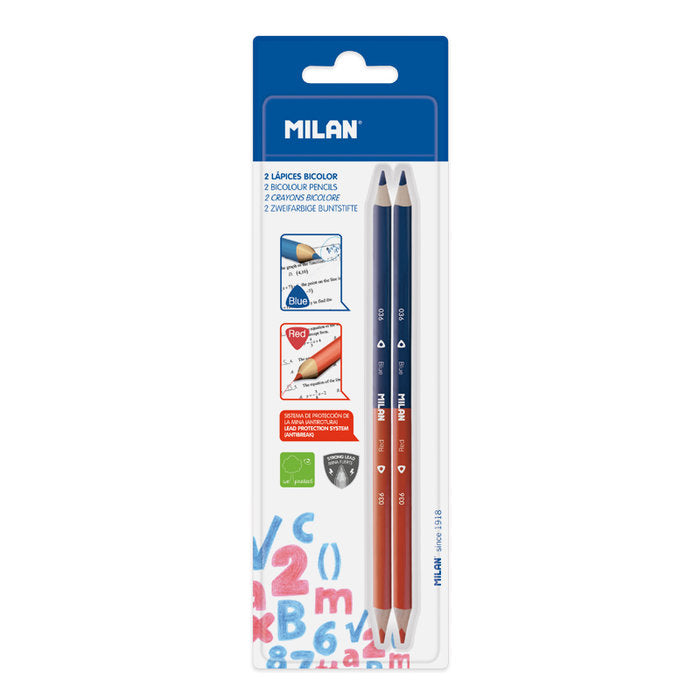 BLISTER 2 LAPICES BICOLORES AZUL ROJO TRIANGULARES | MILAN | ENVASE 25 UDS. UNIDAD | 18411574047190