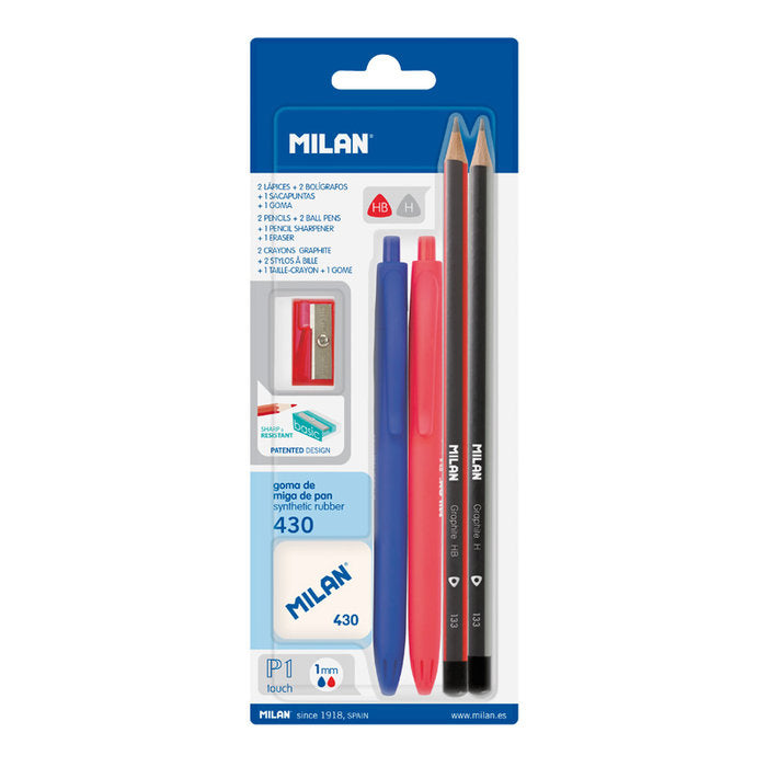 Blister 2 Bolígrafos P1+2 Lápices Grafito Goma Sacapunta Milan Imagen principal del producto