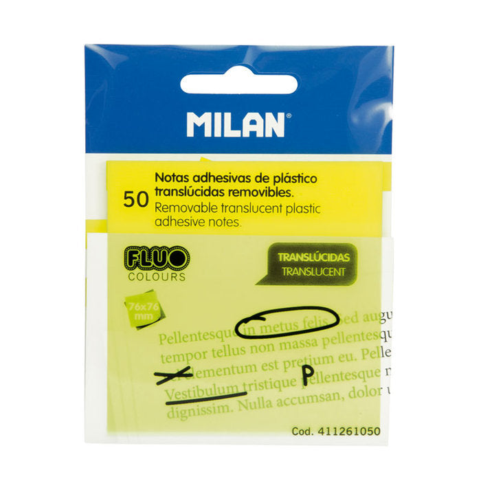 NOTAS ADHESIVAS 76X76 TRANSPARENTES AMARILLO 50 HOJAS | 1 UNIDADES | (MILAN) Imagen principal del producto