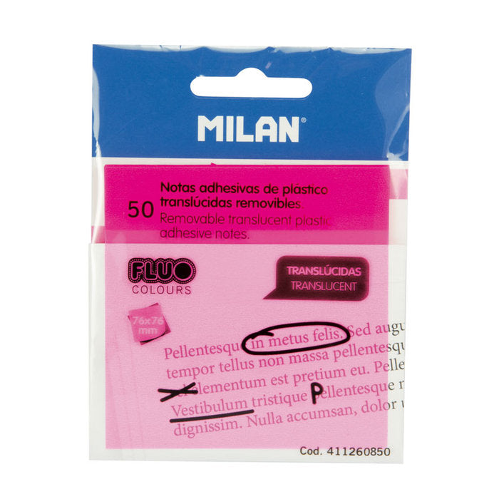 NOTAS ADHESIVAS 76X76 TRANSPARENTE ROSA 50 HOJAS | 1 UNIDADES | (MILAN) Imagen principal del producto