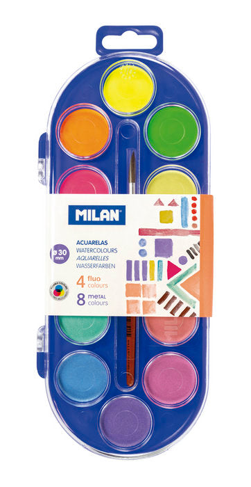 Acuarelas 12 Pastillas 30mm y Pincel Colores Fluor y Metal Milan Imagen principal del producto