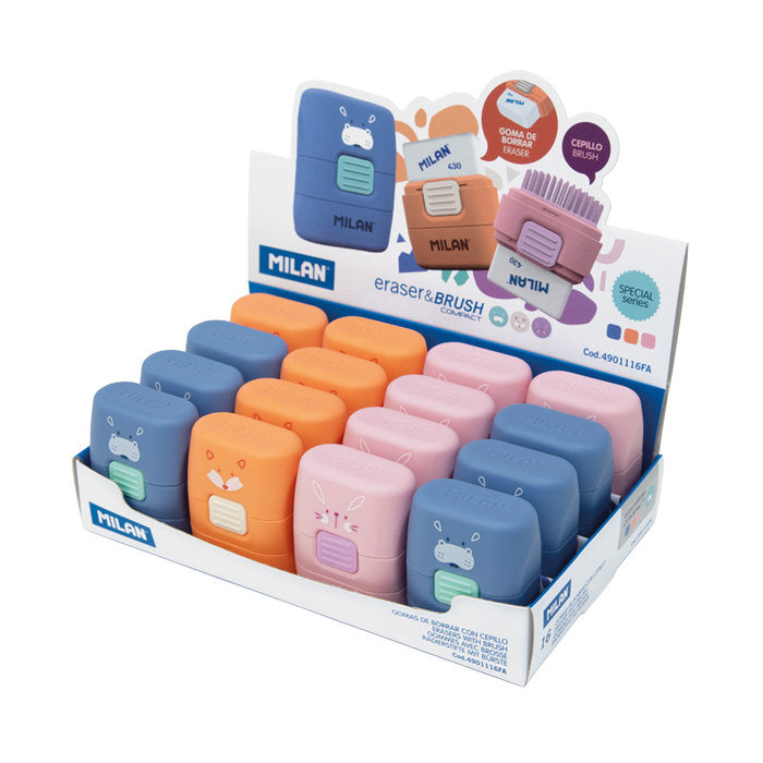 GOMAS CON CEPILLO COMPACT SERIE ESPECIAL FUNNY ANIMALS | 16 UNIDADES | (MILAN) Imagen principal del producto