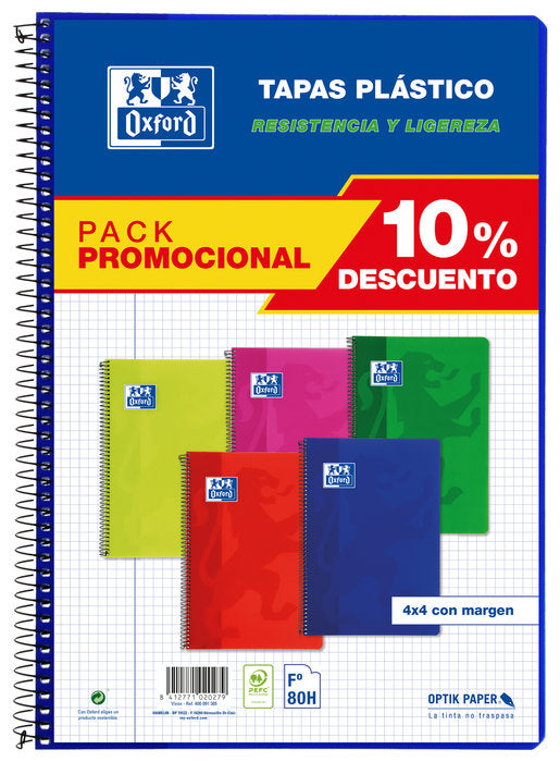 Bloc Espiral A4 Cuadro 4MM 80H 90g | Oxford | Polipropileno | Formato A4 | Pack 5 Unidades