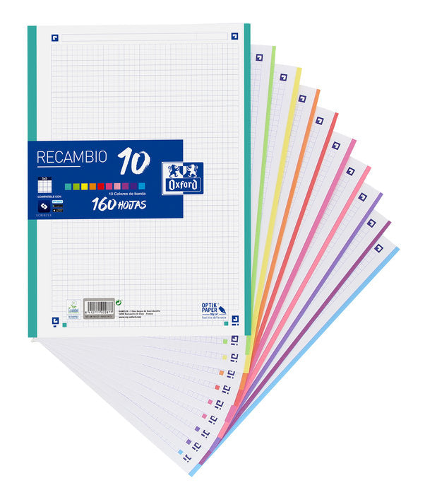 ✅ RECAMBIO OXFORD 10 COLORES BANDA A4 160H CUADRO 5MM 90GR SURTIDOS