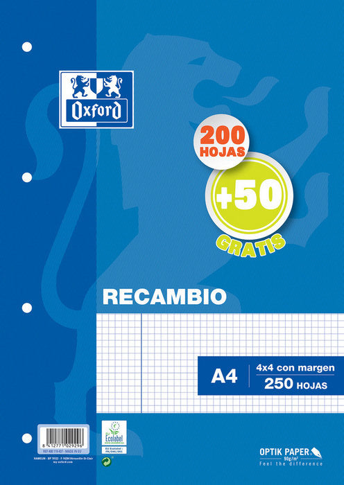 RECAMBIO A4 CUADRO 4MM 200H+50H CON MARGEN AZUL | 1 UNIDADES | (OXFORD) Imagen principal del producto