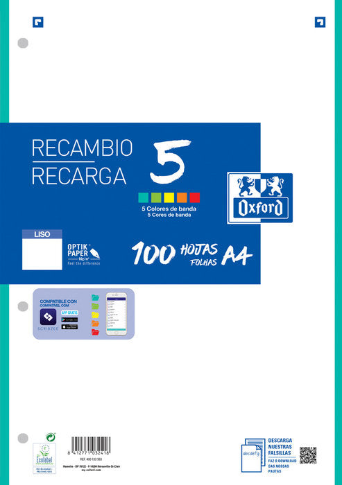 Recambio multicolor a4 100h 90g 4 taladros liso 5 colores de banda