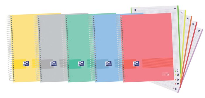 Paq/5 cuaderno espiral A4+ 120h 90g cuadrícula 5x5 microperforado oxford & you colores pastel