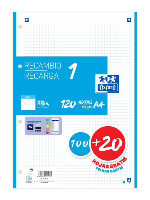 Recambio A4 100+20 Hojas 5x5 Turquesa Oxford Imagen principal del producto