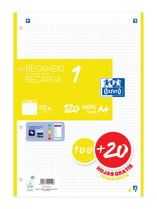 Recambio 1 color a4 100+20h 90g cuadricula 5x5 color banda amarillo