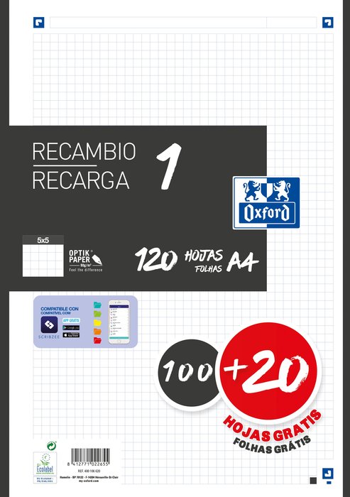 Recambio 1 color a4 100+20h 90g cuadricula 5x5 color banda negro