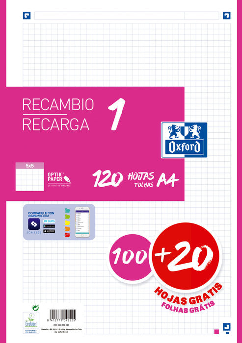 Recambio 1 color a4 100+20h 90g cuadricula 5x5 color banda fucsia Imagen principal del producto
